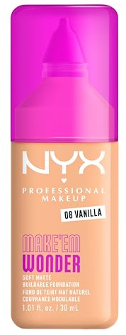 NYX Professional Makeup Make 'Em Wonder, Base de Maquillaje Mate, Resiste hasta 24H, Unifica e Hidrata la Piel, Infusionada con Vitamina C y Ácido Hialurónico, Fórmula Vegana, Tono: Vanilla