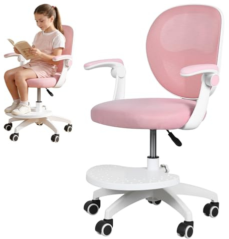 tekrabea Ergonomic Kids Study Chair, Adjustable Height Children Desk Chair with Flip Armrests, Breathable Mesh Back, Saddle Cushion and Auto-Brake Wheels for Home School (Pink)