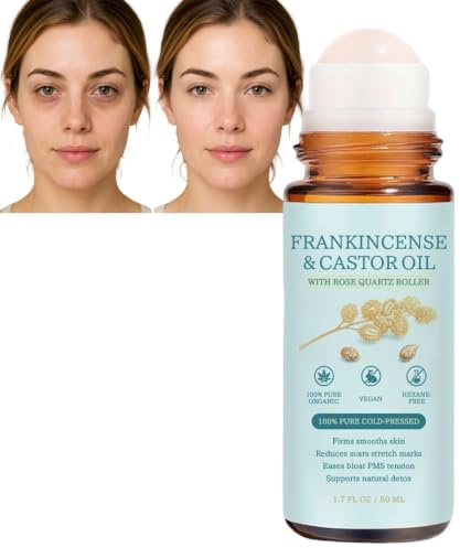Naturlig, kallpressad ricinolja och eterisk rökelseolja som roll-on med rosenkvarts-rulle, ekologisk fuktolja för ansikte och kropp, perfekt för daglig användning under (1 st)