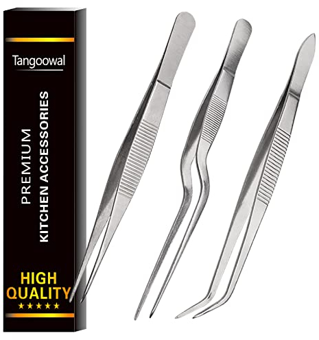 Rivoean Kitchen Cooking Tweezers Culinary,3 Piece Set Stainless Steel Tweezer Precision Tongs Offset Tip for Cooking Food Design Styling(6.3-Inch)
