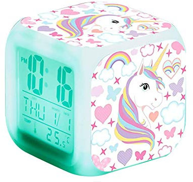 Weiqiao® Sveglia digitale con unicorno, per ragazze, luce notturna a LED, a forma di cuore, temperatura, orologio da comodino, per bambini, donna, regalo per camera da letto