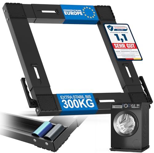 Sheflajor Base per lavatrice con ruote e freno – regolabile 37–67 cm – portata 300 kg – Carrello di trasporto con smorzamento delle vibrazioni per lavatrice, asciugatrice e frigorifero