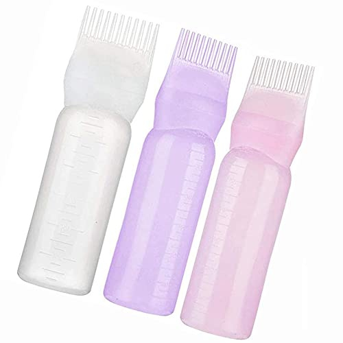 POFET Lot de 3 flacons applicateurs de coloration,Applicateur Huile Cheveux, pour cheveux avec peigne à racines et échelle graduée (blanc/violet/rose)