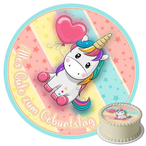 J&M DECO Tortenaufleger Einhorn – essbare Kuchendeko Ø 20 cm – Tortenbild für Mädchengeburtstag mit Regenbogen-Motiv – Tortendekoration aus Zuckerpapier – gebrauchsfertig