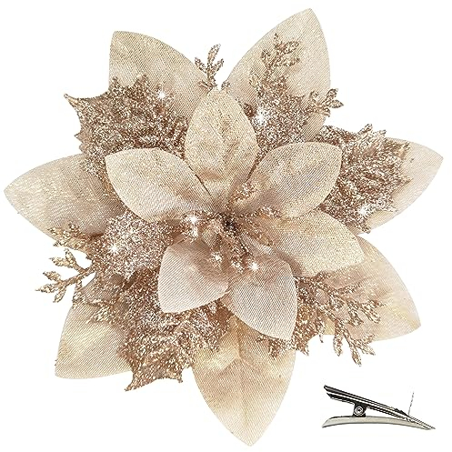 MIKAILE 20 Pezzi Fiori di Natale Artificiali con Clip, Fiori Poinsettia Glitter per Albero di Natale Ghirlanda Decorazioni Natalizie Casa (Champagne)