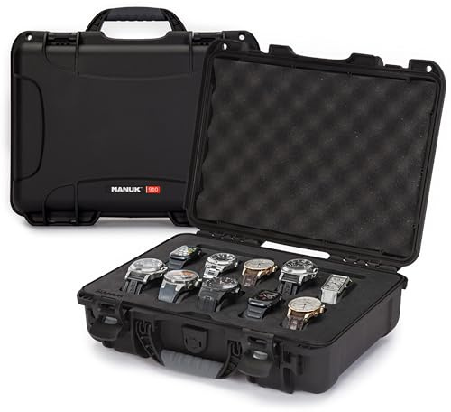NANUK 910 Waterproof Watch Travel Case - 10 Slot Watch Briefcase, Impact-Resistant, Dustproof, Carry-On Approved, Premium Foam Interior, 14.3 x 11.1 x 4.7 - Made in North America (Black)