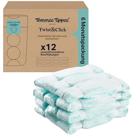 Tommee Tippee Twist & Click Nappy Bin Refills, Pack of 12, each 10.5 metres, Multilayer, Antibacterial* Film, Designed to Slot into Your Existing Twist & Click Nappy Bin Cassette (12 X 10.5m)
