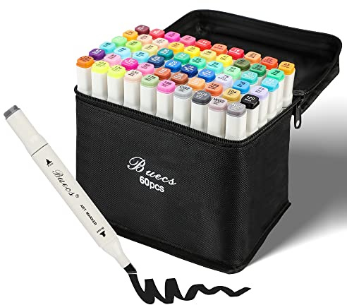 Buecs Alcohol Markers: Double Tipped Art Marker, 60 Count, suitable for Adults Artists Painting, Coloring Drawing Sketching, Multicolor