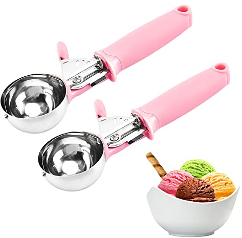 2 Pack Ice Cream Scoop Cookie Dough Scoop With Trigger Pink Handle for Cookie Dough Cupcake Batter Ice Cream Portion Control (Pink）