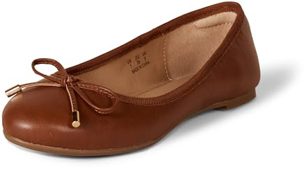 Amazon Essentials Women's Comfortable Round Toe Ballet Flats with Bow, Tan, 7