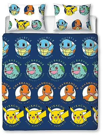 Character World Pokemon Official Double Duvet Cover Set, Gotta Design | Blue Reversible Pikachu Squirtle Charmander 2 Sided Bedding Cover Official Merchandise Including Matching Pillow Cases