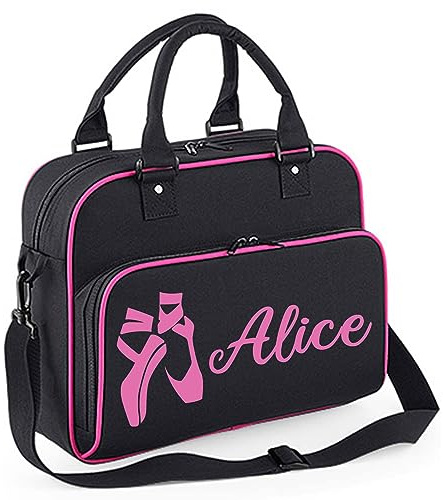 Personalised Girls Dance Bag 15L with Adjustable Strap & Zip Pocket - Ballet Bags with Name - Dancer Gifts (Black/Pink)
