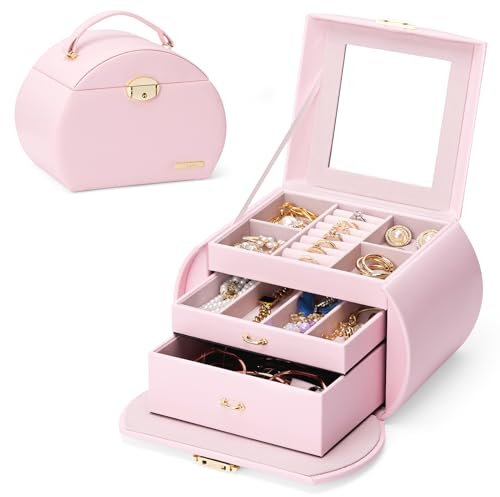 YORBAY Joyero de 3 Niveles con Cerradura y Espejo Serie Seelux Joyero para Collares, Relojes, Anillos, Pulseras, Pendientes (Rosa Claro + Dorado)