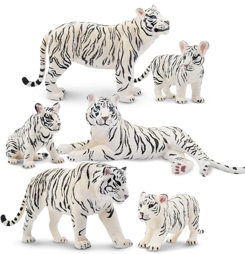 TOYMANY 6 figuras de animales de tigre blanco con cachorros de tigre, juego familiar con tigres de bebé, decoración para tartas salvajes, decoración de animales