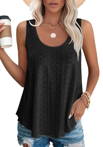 Aokosor Ladies Tops for Women UK Vest Summer Clothes Scoop Neck Sleeveless Eyelet Embroidery Womens Tops Size 14-16 Black