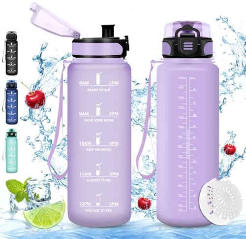 Vikaster Bouteille, Gourde 1.5Litre, sans BPA, Étanche & Réutilisable, Bouteille d'eau avec Marqueur de Temps et Filtre, Convient Pour la Gym, Yoga, Camping, Sport, Gourde Randonnée-Unisex-Youth