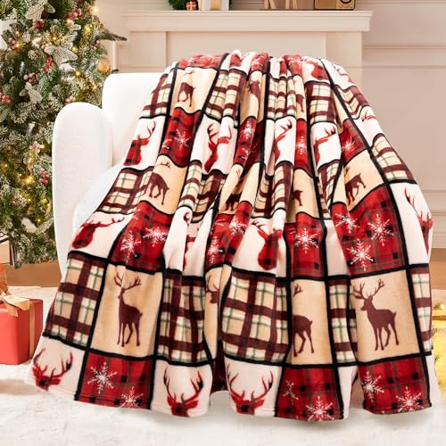 Jul prydnadsfilt, luddig fluffig pläd mjuk mysig filt, fleece flanell plysch mikrofiberfilt för bäddsoffa, rutigt rådjur