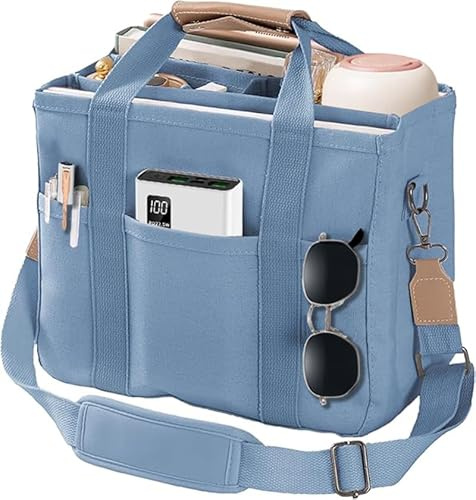 AioTio Sac à Main en Toile pour Femme Sacs à Bandoulière Homme Grande Sac Fourre Tout avec Bretelles Réglables avec Plusieurs Poches Organisée(Bleu)