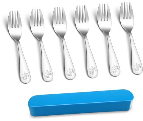 TEAMFAR Kinderbesteck Set, 6 Stück Edelstahl Poliert Kindergabel mit Giraffen Gravur, Kinder Besteck Set ab 1-3 Jahre, Kleinkinder Gabel Set mit Besteck Box, Kleiner Kindergabeln für Jungen & Mädchen