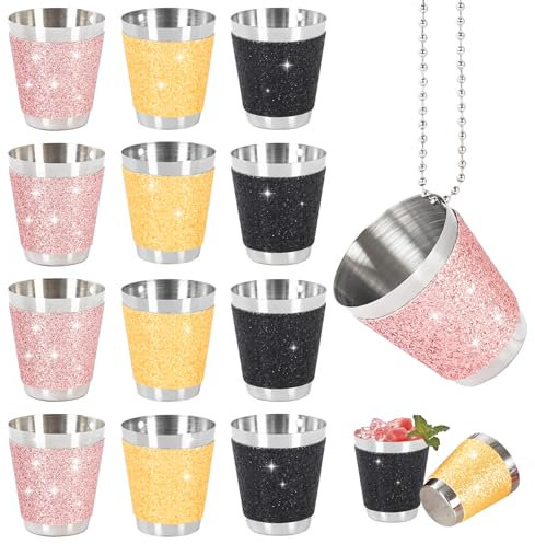 Celepoir 12 Piezas Vasos de Chupito, 30ml Vasos de Chupito con Cadena, Oro Rosa Negro Vaso para Beber de Acero Inoxidable, Vaso de Beber para Colgar, para Carnaval, Bodas, Despedidas de Soltero