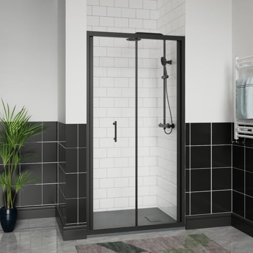 Aquariss 1100x900mm Black Bifold Shower Door Enclosure with 1100mm Self Clean Reversible Folding Shower Screen Cubicle, Anthracite SMC Anti Slip Shower Tray and 90mm Waste