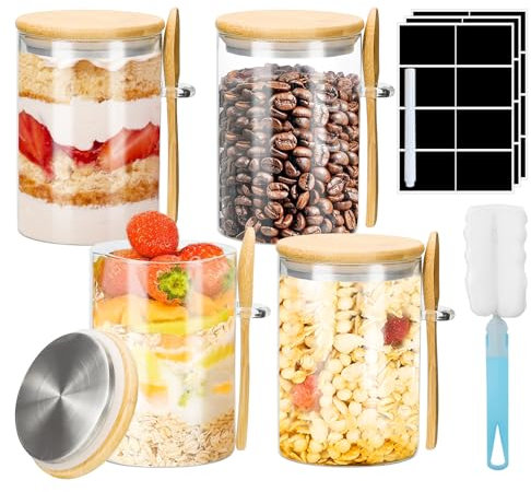 Feelhap Bocal en Verre, Lot de 4 Bocaux de Conservation en Verre avec Hermétique Couvercle et Cuillère 600 ml Pot en Verre, Overnight Oats Jar, Bocaux Rangement Cuisine pour Épices Thé Grains de Café