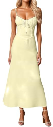 Robe Grandes Tailles Robe d'été de style bohème avec bretelles fines Col carré Robe mi-longue décontractée avec fente fluide et robe corset moulante Apart Femme Robe Rouge, jaune, L