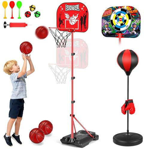 Aragallant 3-in-1 Canestro Basket Bambini, Sacco da Boxe con e Freccette, Altezza Regolabile, Giocattolo per Interno ed Esterno, Facile da Montare, Regali per Bambino ed Bambina 3 4 5 6+ Anni
