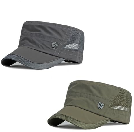 HIQIU 2 stycken militärkeps herr cadet hatt – justerbar platt topp basebollkeps män sommar militär andningsaktiv armékeps mesh sportkeps, Armégrön + mörkgrå, M-L