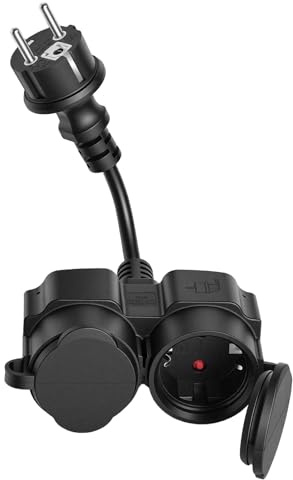 Dubbla Schuko-uttag med flera svarta IP44 16A 250 V 3500 W 1 till 2 dubbla uttag med hörnkontakt och gångjärnslock för inomhus- och utomhusbruk