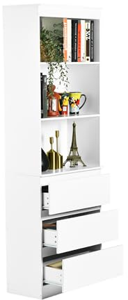 1 Stück Bücherregal Weiß Bücherschrank mit 3 Schubladen & 3 Fächern, 180CM Hochschrank Bad Highboard Wohnzimmer Dolap Standregal Holz Buchregal Bücher Regal Schlafzimmer Küche Weiss(60x32x180CM)