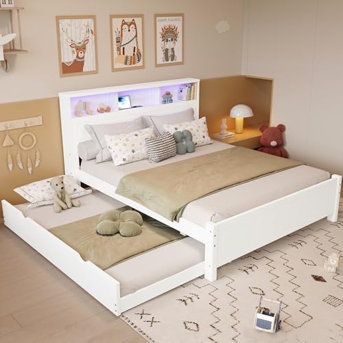 Goldicoo Dubbelsäng med utdragbar säng, vit, furu och MDF, 120 x 200 cm och 90 x 190 cm, med LED-omgivningsbelysning, laddningsuttag, sänggavelförvaring | Massivt trä