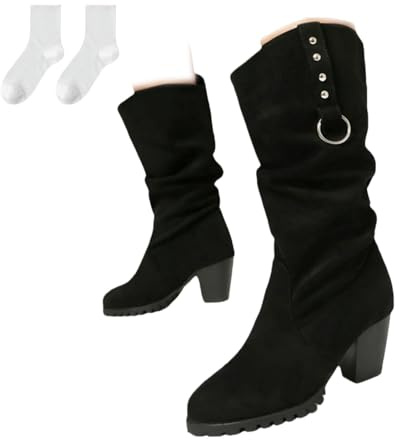 Stivali Slouchy Donna Con Tacco Largo 6,5 Cm, Stivali Invernali A Metà Polpaccio Punta Tonda Con Dettaglio Anello in Metallo E Suola Carrarmato Scarpe Comode Moda Quotidiana Viaggi,Nero,42 EU