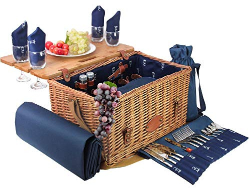 Les Jardins de la Comtesse - Panier Pique-Nique Saint-Honoré Bleu - Sangles en Cuir - 4 Personnes - Avec Table en Bambou Rabattable - Assiettes en Porcelaine et Verres à Vin en Verre - 45 x 28 x 28 cm