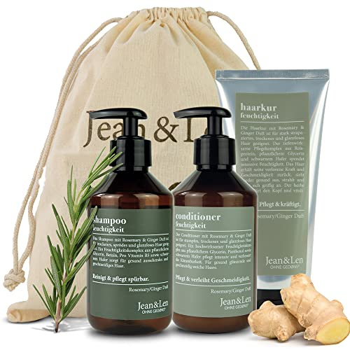 Jean & Len Hårvårdsset Rosemary & Ginger, 2 x 300 ml + 1 x 200 ml | För torrt & glanslöst hår, schampo, balsam & hårinpackning i set, kryddig doft, utan parabener & silikoner