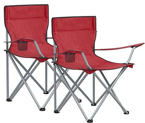 SONGMICS Campingstuhl, 2er Set, Klappstuhl für Outdoor, Angelstuhl mit Armlehnen und Getränkehalter, tragbar, klappbar, bis 120 kg belastbar, für Camping, Garten, Strand, Terrasse, rot GCB01RD