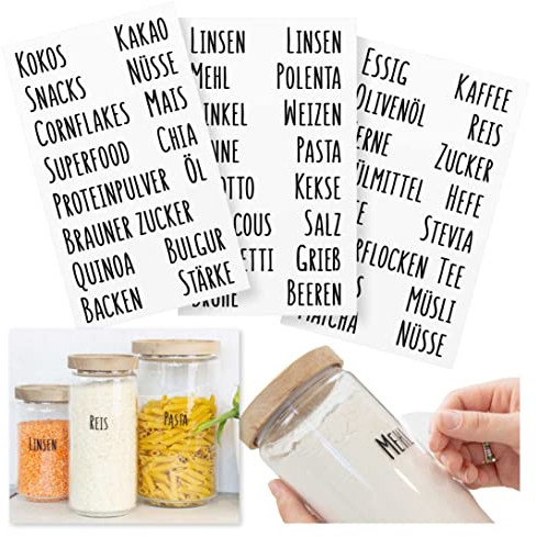 Mokali® Küchenetiketten-Set für Vorratsgläser, hochwertige Klebeschrift schwarz (47 Labels) zum Beschriften von Vorratsgläsern und Behältern in der Küche, spülmaschinengeeignet (Schriftart 1)