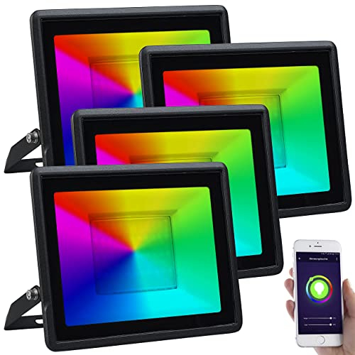 Luminea Home Control RGB Strahler: 4er-Set WLAN-Fluter, RGB-CCT-LEDs, App, 3.750 lm, 50 W, IP65 (WLAN LED-Strahler, Flutlicht mit, Arbeitsleuchte)
