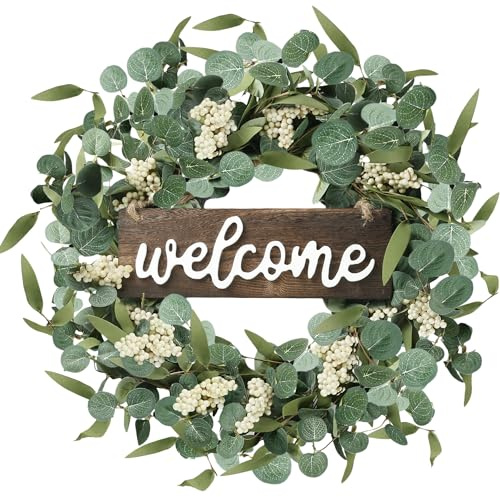 Sggvecsy Green Eucalyptus Wreath with Welcome Sign 20in Artificial Spring Summer White Berries for Front Door Wall Window Festival Farmhouse Porch Patio Garden Decor, White,green