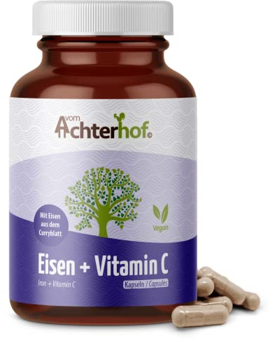 Eisen Kapseln 180 Stück | Eisen aus Curryblatt-Extrakt | Vitamin C aus der Hagebutte | 100% vegan | vom Achterhof