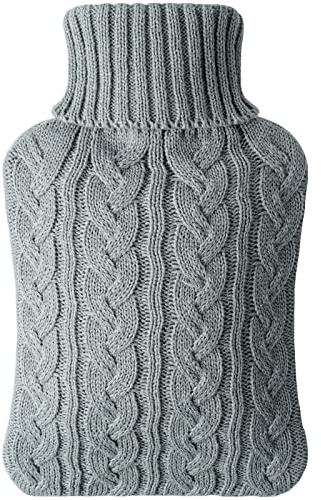 Vicloon Borsa dell'acqua Calda Grande, 2L Borsa Acqua Calda, Bottiglia di Acqua Calda in Gomma, Boule Acqua Calda con Morbida Fodera in Maglia, Hot Water Bottle per Mano Piede Caldo, Grigio Chiaro