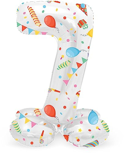 Folat 63967 Luftballon Geburtstag Stehender Ziffer Zahl 7 Joyful Party Weiß mit Geschenke und Dekoration 72 cm - Decoration Geburtstagdeko, Ballon Zahl, Kein Helium erforderlich
