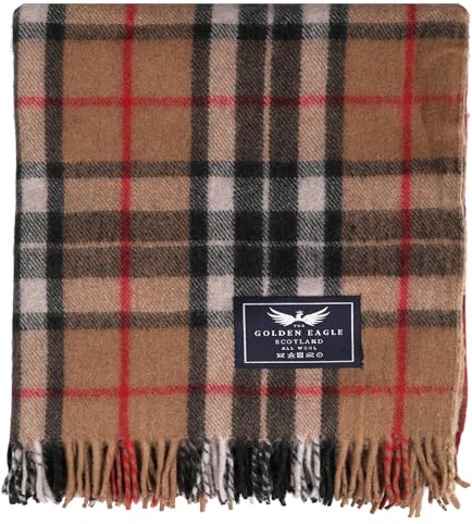 The Golden Eagle Scottish Tweed Wool Large Blanket Tartan Rug with Check Pattern for Warm Winter (Camel Thomson)
