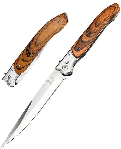 HUAAO 12 Large Push Button Lock Pocket Knife,SpeedSafe Assisted Slide Safety Lock Folder Opening,Pakkawood Handle Outdoor Portable EDC Tool,Gift Nylon Sheath
