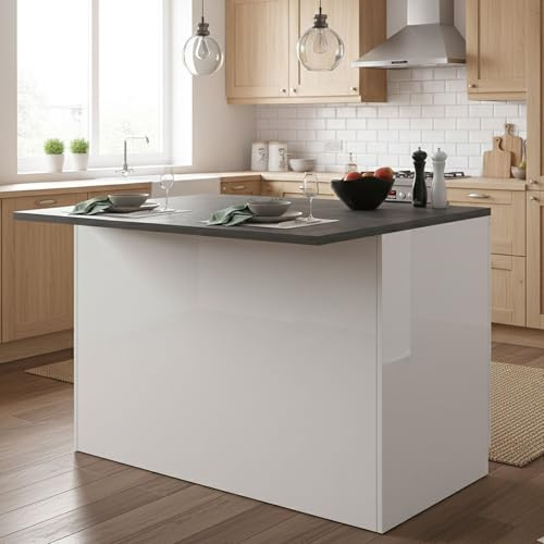 Dmora - Isola da cucina Emmanuel, Armadio multiuso, Mobile per cucinotto, Tavolo ausiliario, 100% Made in Italy, 125x90h90 cm, Bianco lucido e Ardesia
