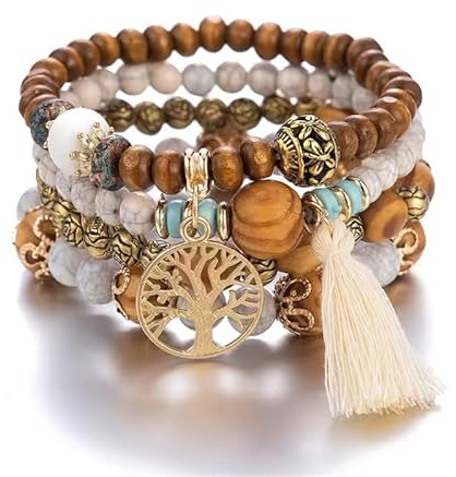 Youery 4 Stück Boho Armband mit Holzperlen und Quaste - Chakra Schmuck für Frauen mit Baum des Lebens Charm Statement Armreifen