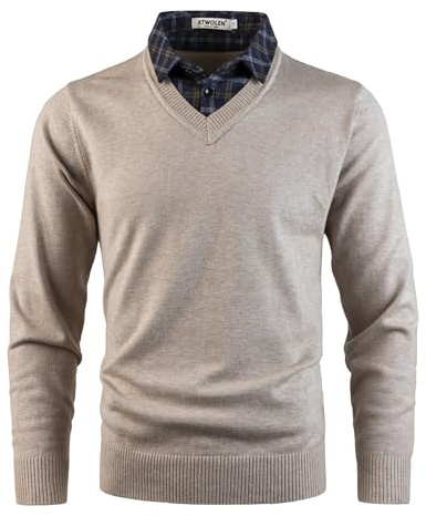KTWOLEN Pull Homme avec Faux col de Chemise Automne Hiver Pull col Chemise à Manches Longues Pull en Tricot avec col en V, Beige, L