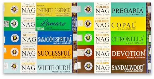 Lamare by Vijayshree Golden Nag - Pack Surtido de 10 fragancias - 150 g (10 Paquetes de 15 g) - Aromaterapia - Meditación - Yoga - Packaging EcoFriendly
