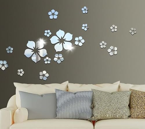 Agvdg 18 Pcs Wall Stickers Decor Kitchen Bathroom Wall Art Cherry Blossom Acrylic Wall Stickers Silver Foil Mirror Stickers 3D Three-Dimensional Flowers Wall Decoration Art Stickers