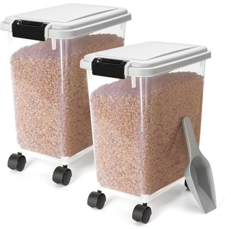 Nobleza - 2 Stück Futterbehälter für Haustiere, 20 L, für Haustiere, Lebensmittelbox mit Rädern, Klappdeckel, Luftdicht, Transparent, Rollen und Schaufel, für Hunde und Katzen, Grau